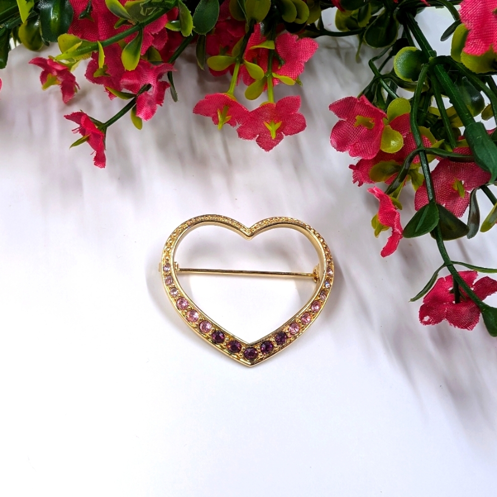 Pink to Purple Ombre Crystal Vintage Heart Shaped Brooch